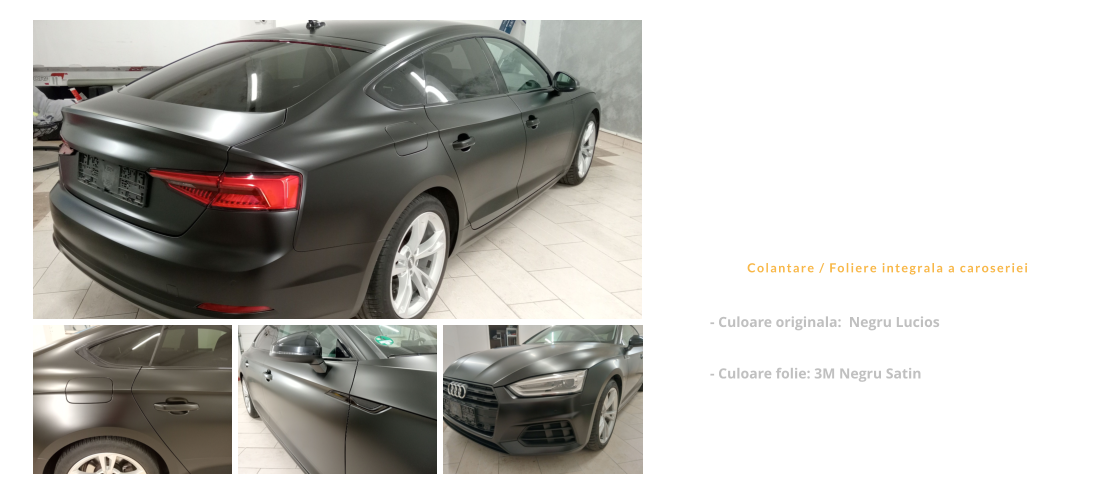 Audi A5 Sportback   Colantare / Foliere integrala a caroseriei - Culoare originala:  Negru Lucios  - Culoare folie: 3M Negru Satin